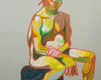 Seated Male Figure Drawing | 18x24” Oil Pastel on Toned Paper | Modern Nude Artwork Drawn from Life | Figurative Art by Trevor Dahl
