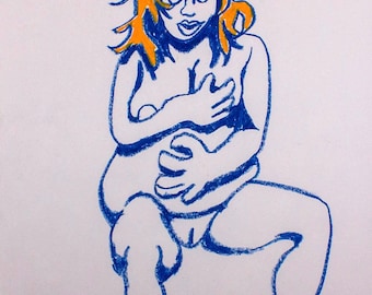 Emotional Female Figure Drawing | 18x24” Oil Pastel on White Paper | Modern Nude Artwork Drawn from Life | Figurative Art by Trevor Dahl