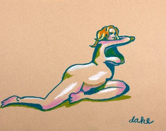 Reclining Female Figure Drawing | 18x24” Oil Pastel on Toned Paper | Modern Nude Artwork Drawn from Life | Figurative Art by Trevor Dahl