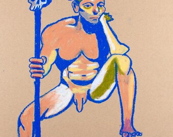 Tribal Warrior Figure Drawing | 18x24” Oil Pastel on Toned Paper | Original Male Nude Art | Expressive Figurative Artwork