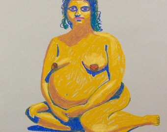 Seated Pregnant Figure Drawing | 18x24" Oil Pastel Art