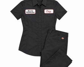 Womens Custom Black Mechanic Button Dickies Shirt & pant With Personalized Embroidered Name down up Work Clothing