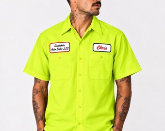 Custom Safety Green/Yellow Mechanic Button Dickies Shirt With Personalized Embroidered Name down up Work Clothing
