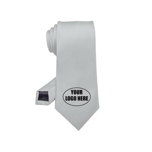 May include: A plain white tie with a black oval that says "YOUR LOGO HERE" in the center.