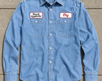 Custom Denim blue Mechanic Button Work Shirt With Personalized Embroidered Name down up Work Clothing