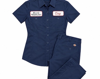 Navy Womens Custom Black Mechanic Button Dickies Shirt & pant With Personalized Embroidered Name down up Work Clothing