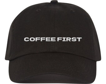 Coffee First hat adjustable strap back. Embroidered.