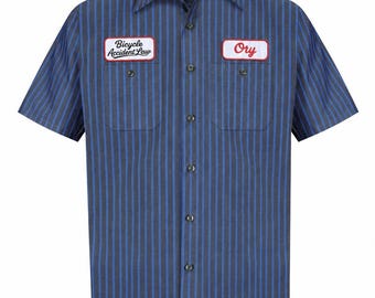 Custom Striped blue Mechanic Button Work Shirt With Personalized Embroidered Name down up Work Clothing