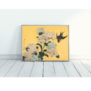 Printable Artwork Japanese Woodblock Digital Download Japandi Wabi Sabi Decor Japanese Wood block Print Hokusai Floral Hydrangea Painting