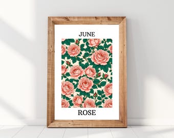 Rose June Birth Month Flower Rose Painting Rose Wall Art Digital Print Birthday Flower Gift June Ukiyo-e Style Art Printable Rose Artwork