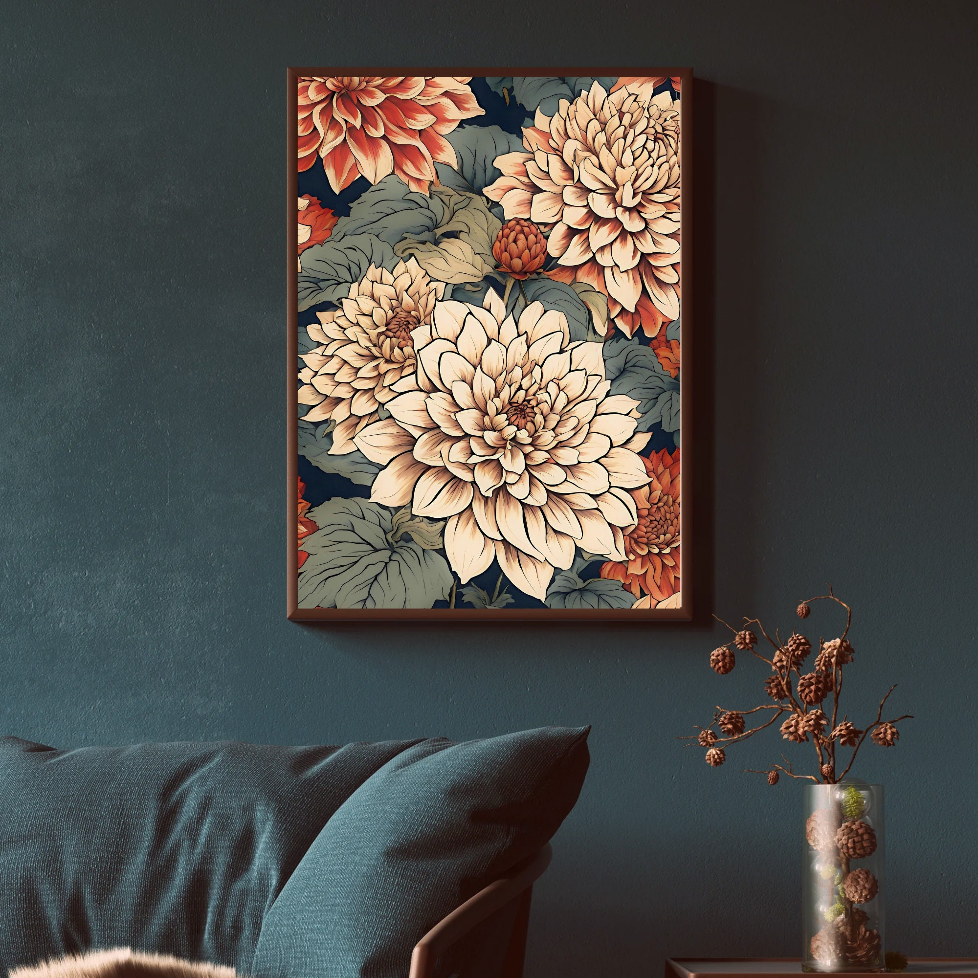 Red & Violet Dahlias Oil Painting 15x21 Framed | Premium