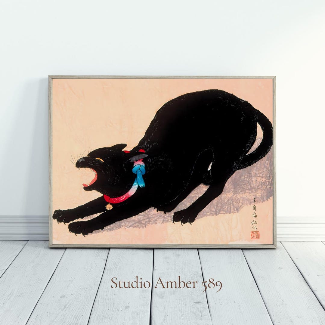 Japanese Woodblock Black Cat Print – Vintage Ukiyo-e Art (digital ...