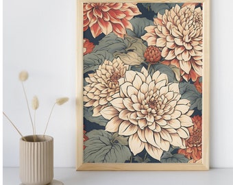 Dahlia Painting, Digital Download, Ukiyo-e Wall Art, Unique