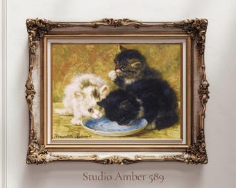 Ilustración de gato vintage, pintura al óleo antigua, arte de pared imprimible retro, descarga digital, ilustración felina, gatitos negros, marrones y blancos.