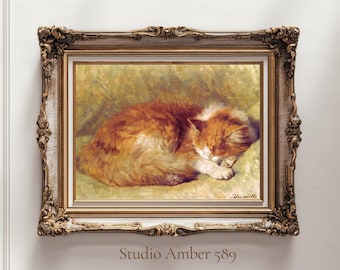 Arte mural imprimible de gato vintage: pintura al óleo retro digital, acogedora obra de arte animal, impresión de gato de estilo antiguo para decoración del hogar y regalos.