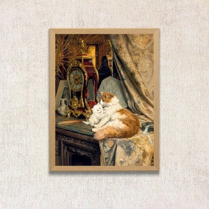 Vintage Cat Artwork Digital Download Mother Cat and Kitten Oil Painting Printable Cat Lover Wall Decor Antique Wall Art 19th Century Art