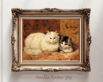 Pintura al óleo de gato vintage, retrato de gato victoriano, arte de pared imprimible, descarga digital, ilustración felina retro, regalo para amantes de los gatos