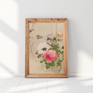 Impresión artística en madera japonesa de peonía y mariposa. Estampados florales japoneses. Pintura tradicional japonesa. Watanabe Seitei. Peonía. Ukito-e. Digital.
