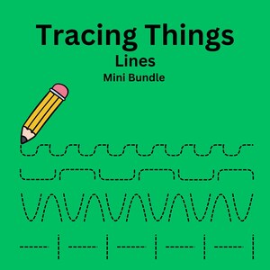 Puede incluir: Hoja de trabajo Tracing Things Lines Mini Bundle con un lápiz amarillo y líneas discontinuas en forma de ondas, zigzags, líneas rectas y flechas sobre un fondo verde.