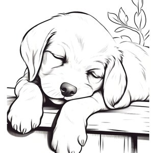 Puede incluir: Dibujo en blanco y negro de un cachorro durmiendo con sus patas apoyadas en una superficie de madera. El cachorro tiene los ojos cerrados y la cabeza apoyada en sus patas.