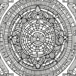 Puede incluir: Un diseño de mandala intrincado en blanco y negro con un patrón circular de formas geométricas y líneas. El diseño está enmarcado por un borde cuadrado con un patrón geométrico.