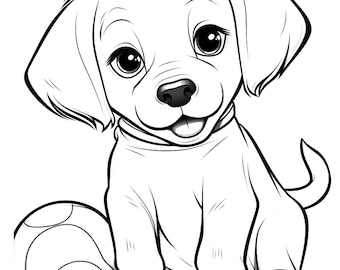 Puppy with a ball, childrens coloring page, child coloring, puppy, puppy playing, coloring page, printable, digital download, pdf