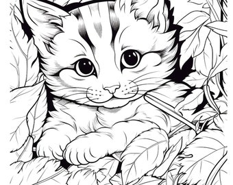Cat in leaves, cat coloring page, easy coloring, cat coloring, cute cat, kids coloring page, childs coloring, printable, digital download