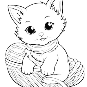 Cat and Yarn, Coloring Page, Kids Coloring Page, Kids Coloring