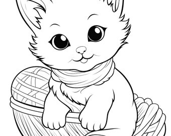Cat and yarn, coloring page, kids coloring page, kids coloring, childrens coloring page, child coloring page, cat, cat playing, printable