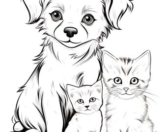 Dog and cats, coloring page, animal coloring page, dog coloring, cat coloring, easy coloring, kid coloring page, printable, digital download