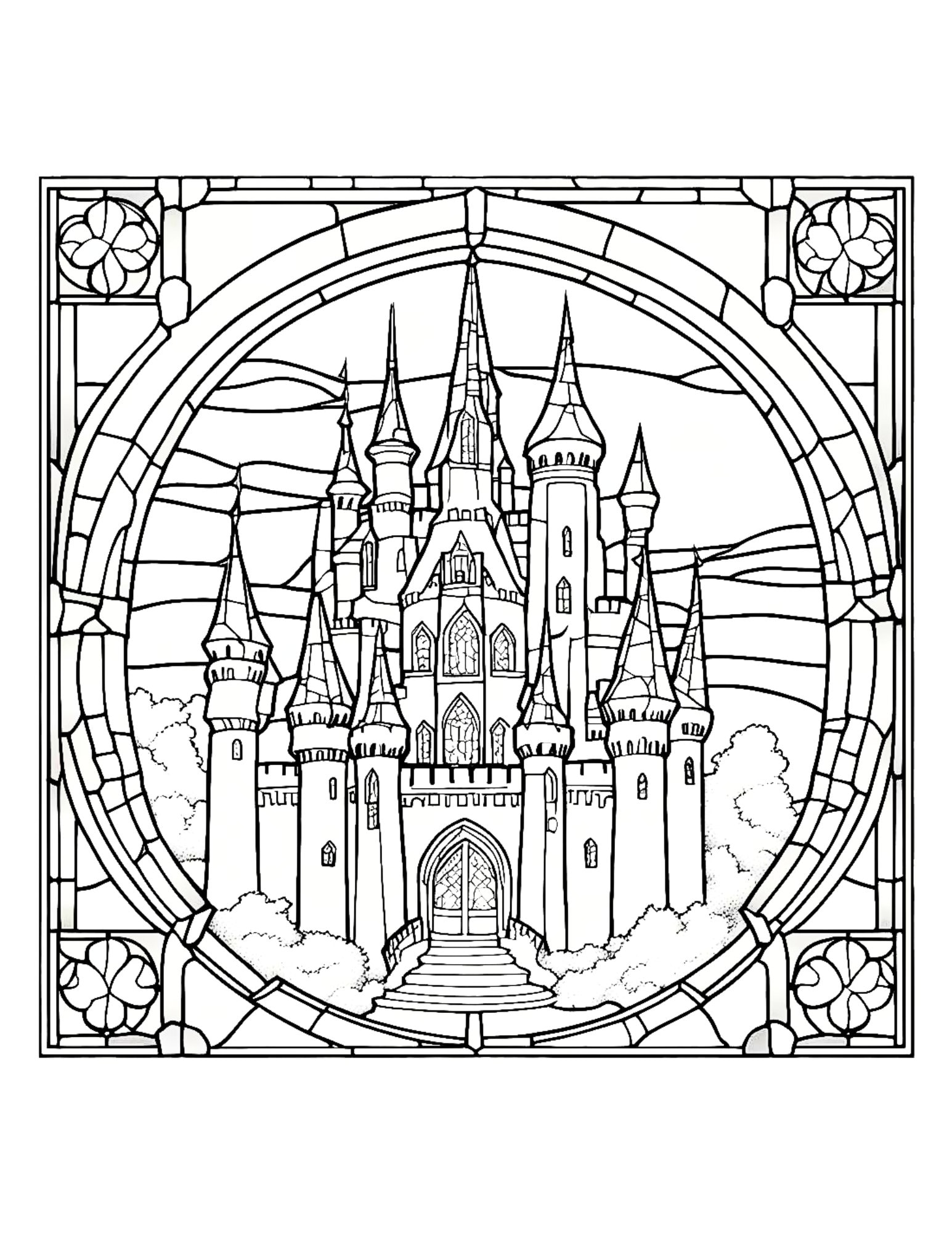 Stained Glass Castle, Coloring Page, Adult Coloring Page, Teen Coloring Page, Kid Coloring Page ...