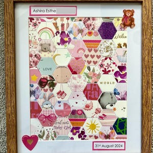 Collage di biglietti personalizzati con mosaico in cornice, occasione speciale, nascita, matrimonio, fidanzamento, compleanno importante, nuova casa - grande esagono