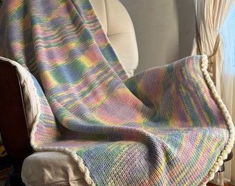 Hand Knitted Multicolor Blanket with White Border