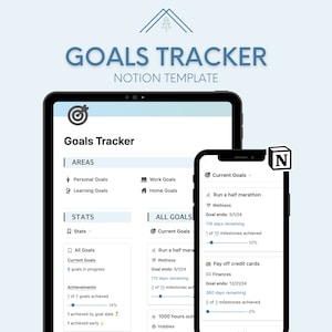 Könnte beinhalten: Ein Screenshot eines Notion-Ziele-Tracker-Templates auf einem Tablet und einem Telefon. Die Vorlage enthält Abschnitte für Bereiche, Statistiken und alle Ziele. Der Abschnitt für aktuelle Ziele zeigt eine Liste von Zielen mit Fortschrittsbalken und Meilensteinen.