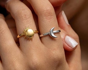 Sun and Moon Ring Set, Celestial Couple Rings, 925 Sterling Silver Sun and Moon, Best Friend Gift, Friendship Rings, Dainty Stackable Rings