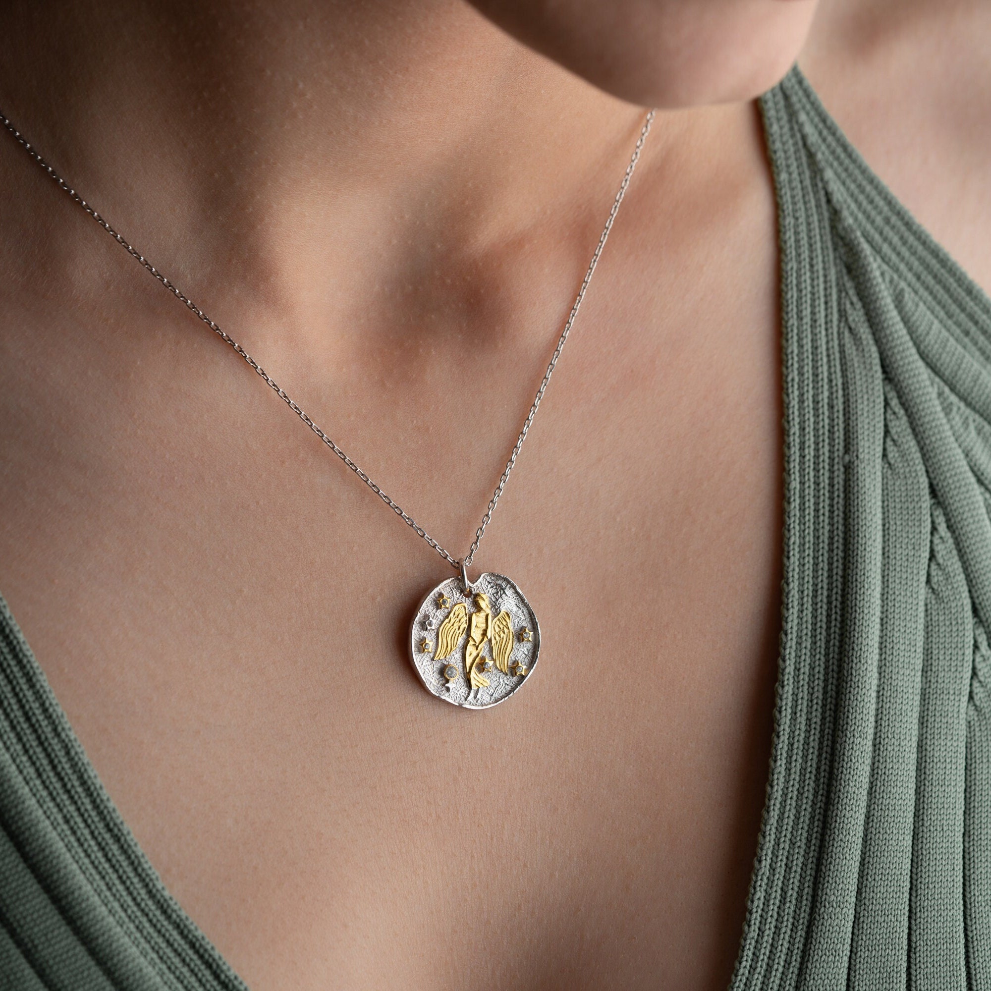 Jungfrau Sternzeichen Halskette - Handgemachtes 925 Sterling Silber - 14K Gold oder Oxidation Finish - Horoskop Schmuck - Geschenk für Sie