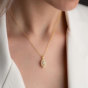 Marquise Baguette Pendant - Handmade 925 Sterling Silver Gold Plated - Dainty Zircon Necklace - Elegant Jewelry Gift for Her