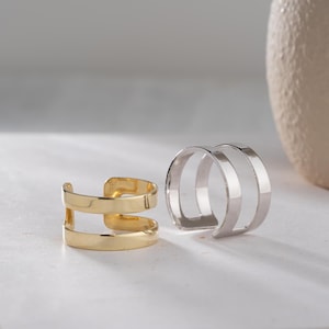 Double Band Adjustable Ring - Handmade 925 Sterling Silver Gold & Rose Gold Plated - Minimalist Open Stackable Jewelry Gift for Her