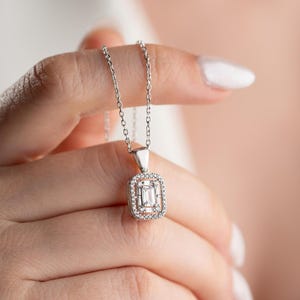 Emerald Cut Zircon Necklace - Handmade 925 Sterling Silver Gold Plated - Halo CZ Pendant - Elegant Timeless Jewelry Gift for Her