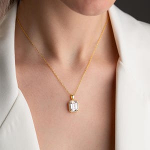 Emerald Cut Solitaire Pendant - Handmade 925 Sterling Silver Gold Plated - Classic Zircon Necklace - Elegant Jewelry Gift for Her