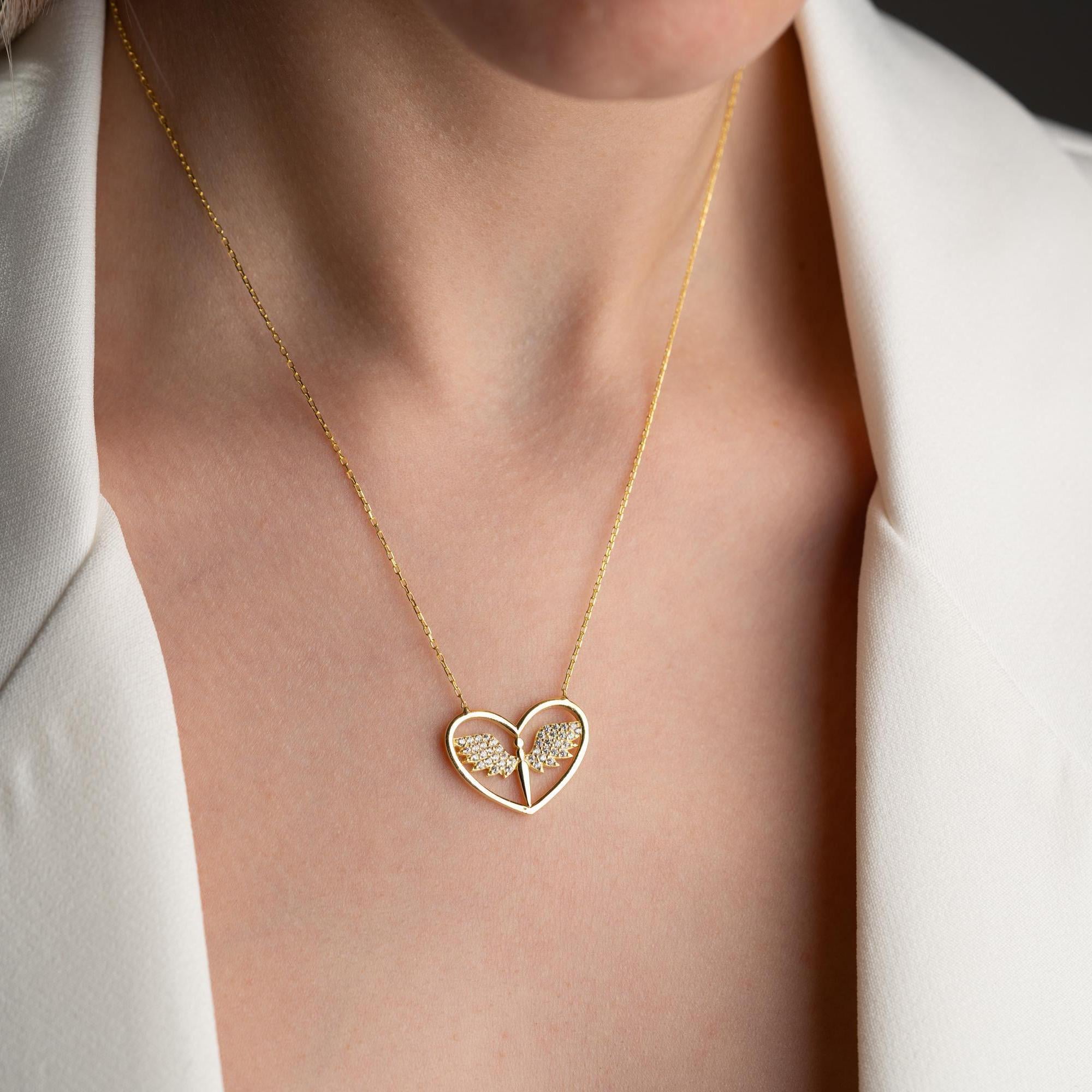 Angel Wing Heart Necklace - Handmade 925 Sterling Silver Gold Plated - Memorial Jewelry - Guardian Angel Pendant - Sympathy Gift for Her