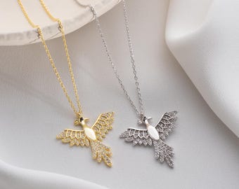 Collana fatta a mano in argento sterling con fenice e ciondolo con zirconi cubici a forma di uccello di fuoco