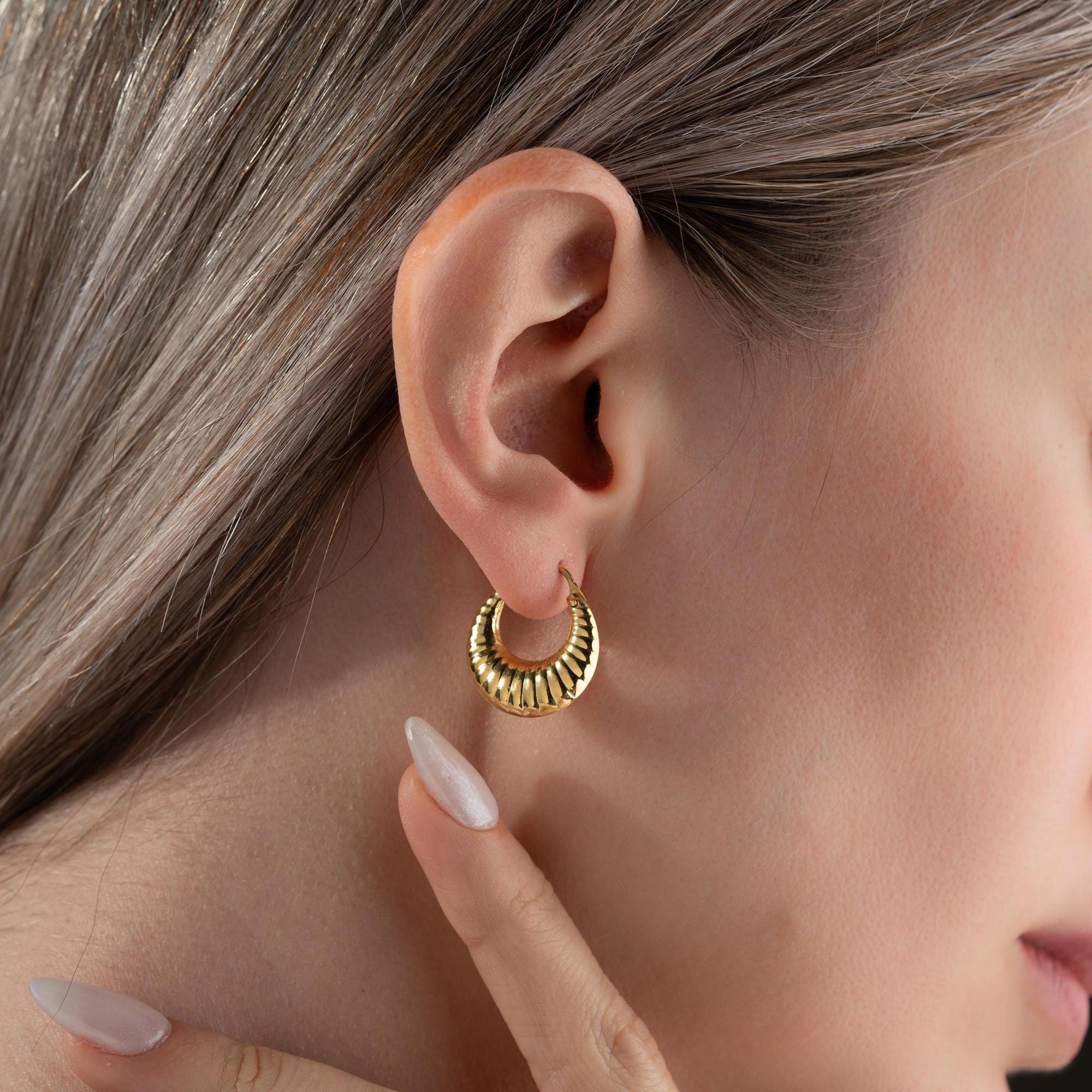 Chunky Gold Ribbed Hoops, Small Puffy Dome Earrings, Fluted