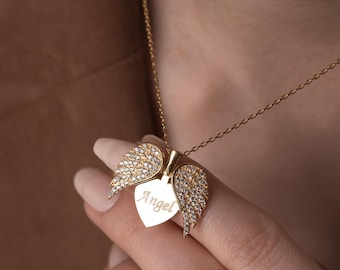 Personalized Angel Wings Necklace, Name Engraved Heart Pendant with Zircon Stones