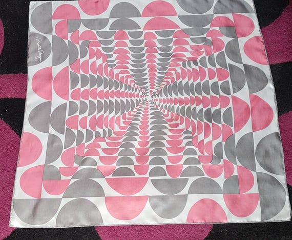 Michele Morgan square vintage scarf,geometric silver pink