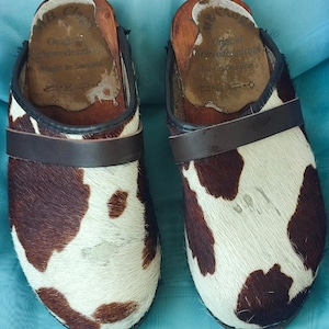 MB Clogs,cow hair clogs white / brown, wooden shoes,made in Sweden