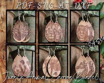 May include: A set of six pairs of wooden dangle earrings featuring different jungle animals. The earrings are laser-cut and engraved with images of a zebra, lion, leopard, panda, elephant, and giraffe. The earrings are all in a teardrop shape and have silver hooks. The text "PDF - SVG - AI - DXF" is at the top of the image. The text "Jungle Animal Earring Bundle" is at the bottom of the image.