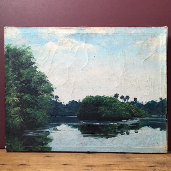 Antique French oil painting, original impressionist oil painting, oil on canvas, tropical Madagascar, 30 x 39 cm