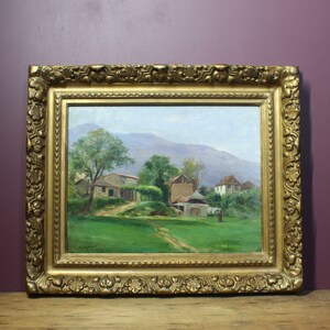 French oil painting, original artwork landscape on hard wood board signed by the artist in 1905 in a impressionist style