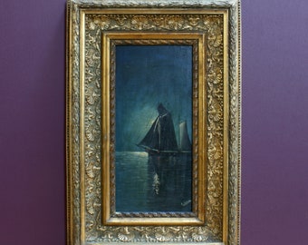 ancienne peinture à l'huile française, bateau de pêche à voile au clair de lune, peinture à l'huile marine originale encadrée, huile sur panneau, 24 x 37,5 cm